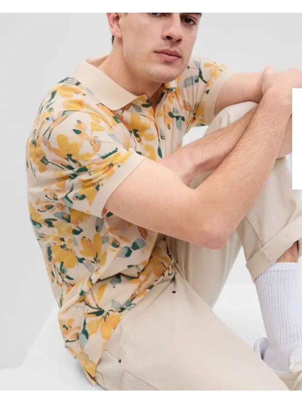 Gap Yellow Floral All Over Polo Shirt Mens Large Short Sleeve Tropical Vacation - Picture 1 of 12